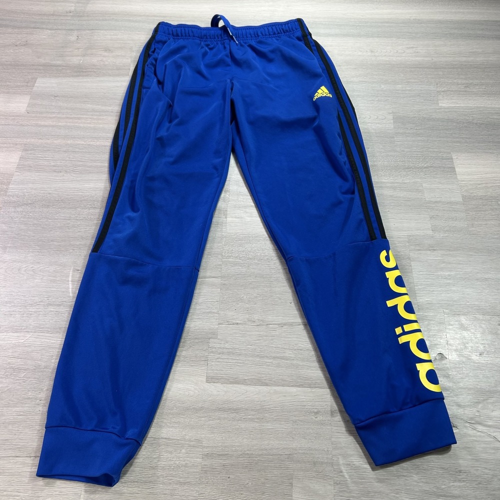 Adidas Track Pants Mens Medium Blue 3 Stripe Knit Jogger Elastic Waist HT5068